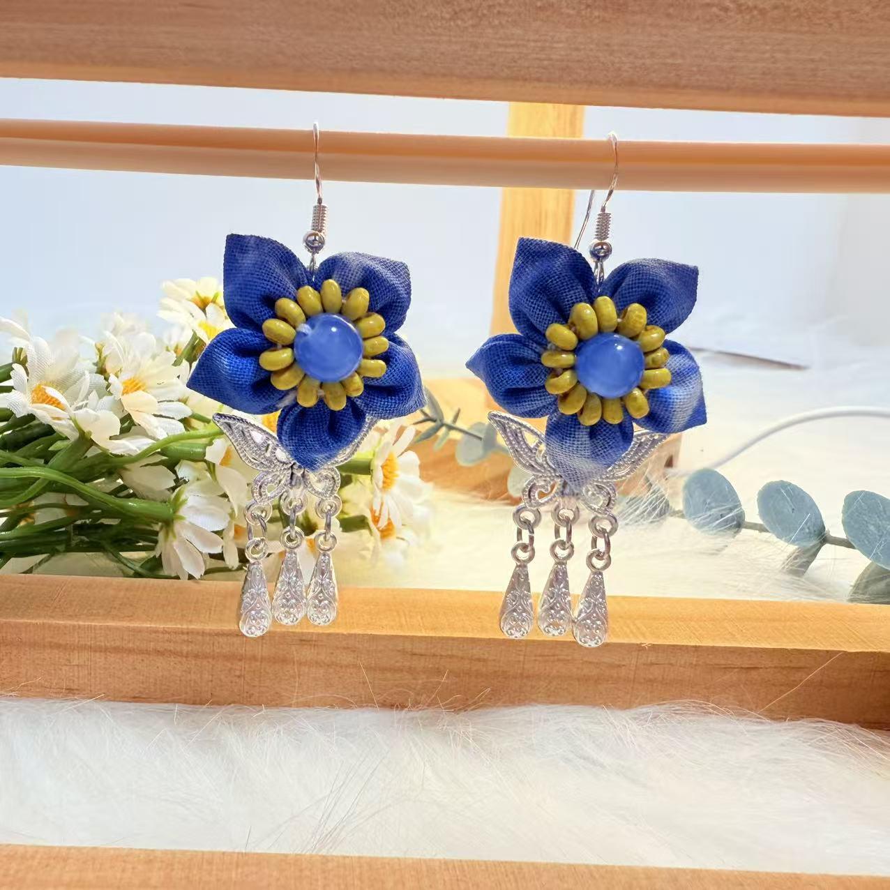 Yunnan Dali Blue Tie-Dye Ethnic Flower Earrings - Handmade Fabric Travel Souvenir