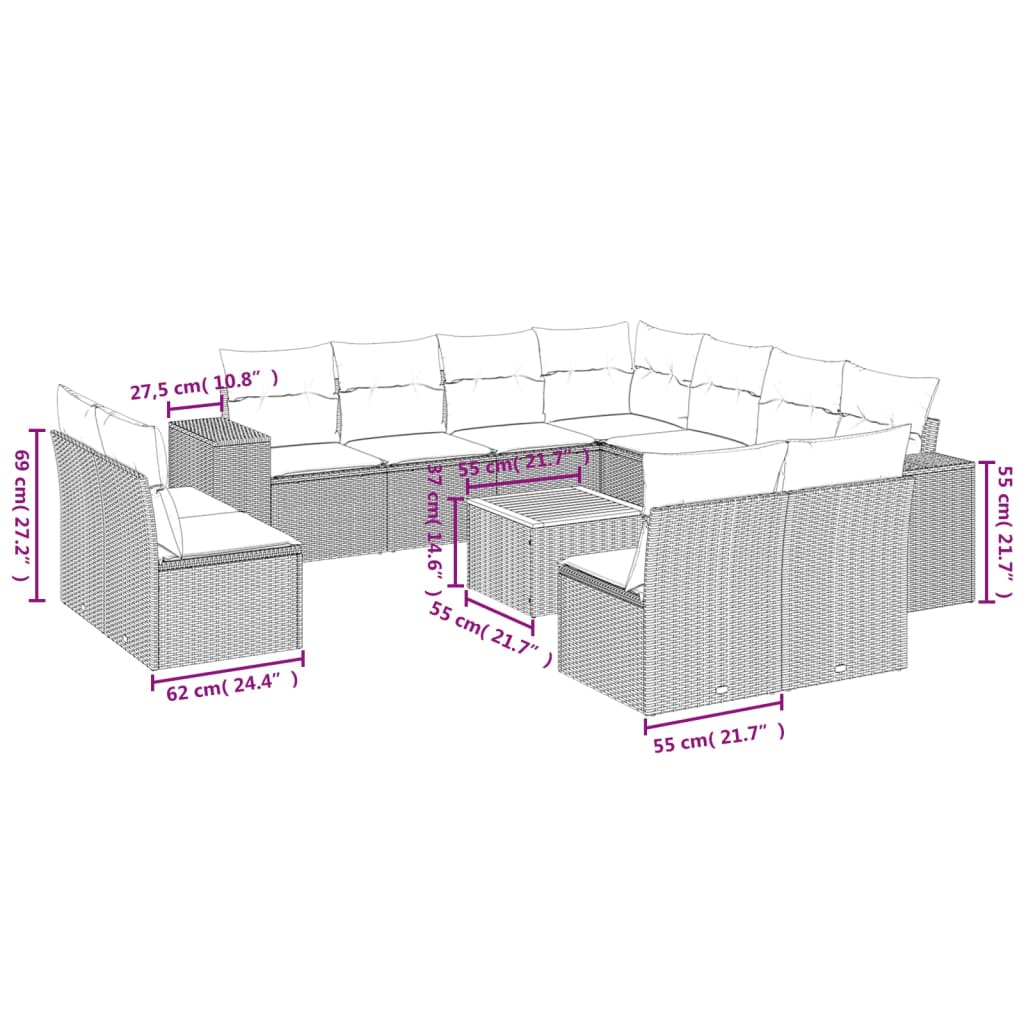 Vidaxl 12-Cz. Garden Furniture Set With Cushions, Grey, Poly Rattan