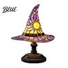 Ambient Bedside Light Stained Glass Style Witch Hat Lamp USB Powered Resin Wizard Night Soft Warm Lamp with Sun Star Gothic Halloween Table