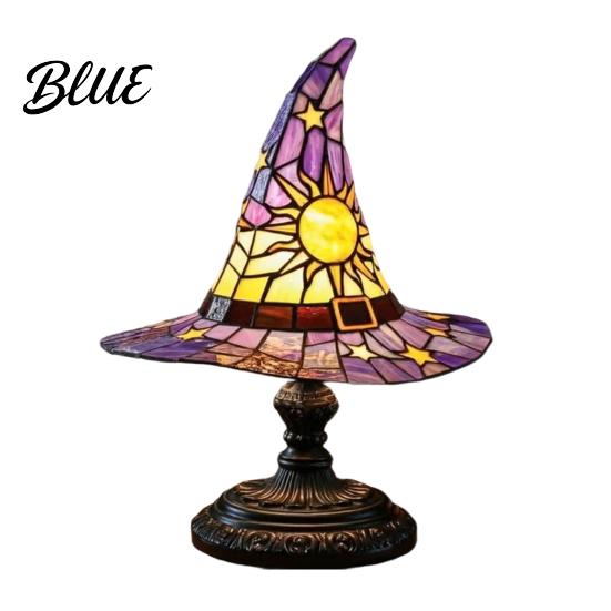 Ambient Bedside Light Stained Glass Style Witch Hat Lamp USB Powered Resin Wizard Night Soft Warm Lamp with Sun Star Gothic Halloween Table