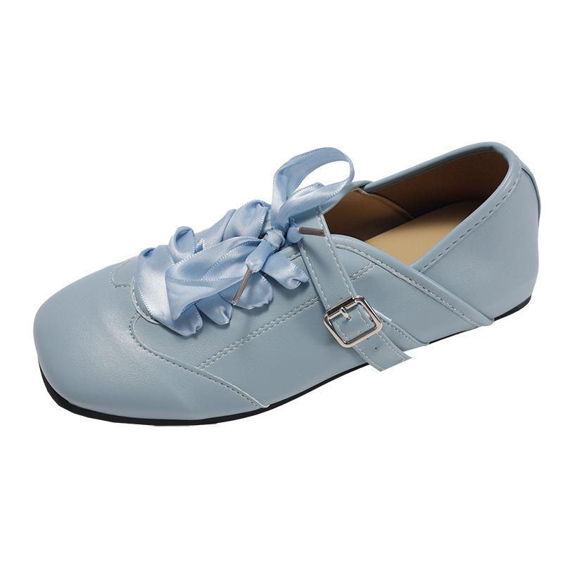 Fashion Square Toe Shallow Mouth Mary Janes New Women's Inside Heightened Ribbon Bow Casual Soft Sole Non-Slip Single Flat Shoes