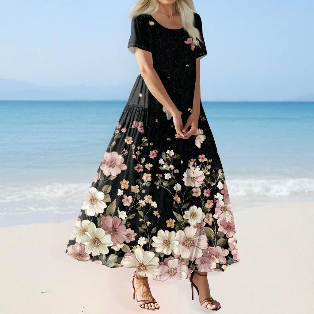Women's Summer Casual Floral Print Short Sleeve O Neck High Waist A Line Tiered Flowy Boho Maxi Dress