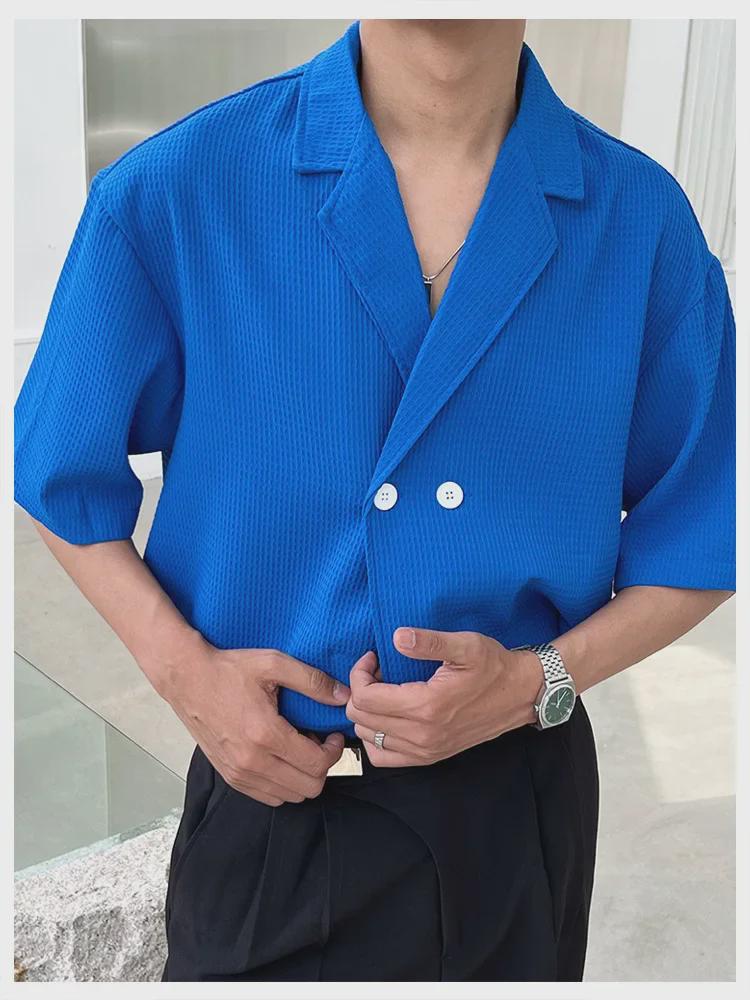 Men's Stylish V-Neck Waffle Collar Shirt - Short Sleeved & Loose Fit