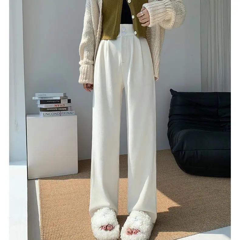 

Брюки с высокой талией и широкими штанинами из бархата, повседневные зимние теплые прямые брюки в корейском стиле, утолщенные свободные спортивные брюки XS бежевый