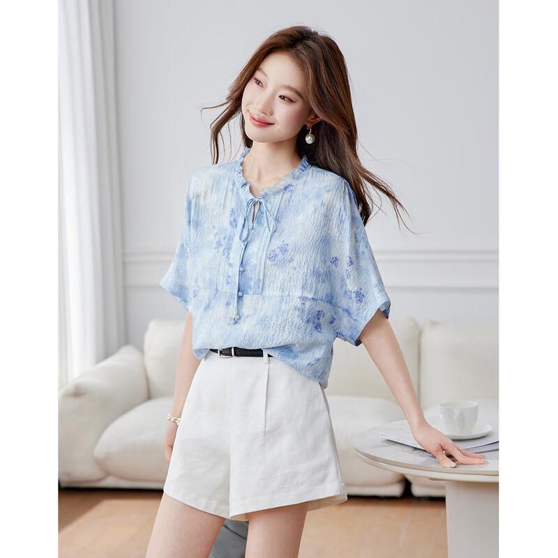 Srcr Women s New Chinese Style Mulberry Silk Tie-Front Mid-Sleeve Top 3XL