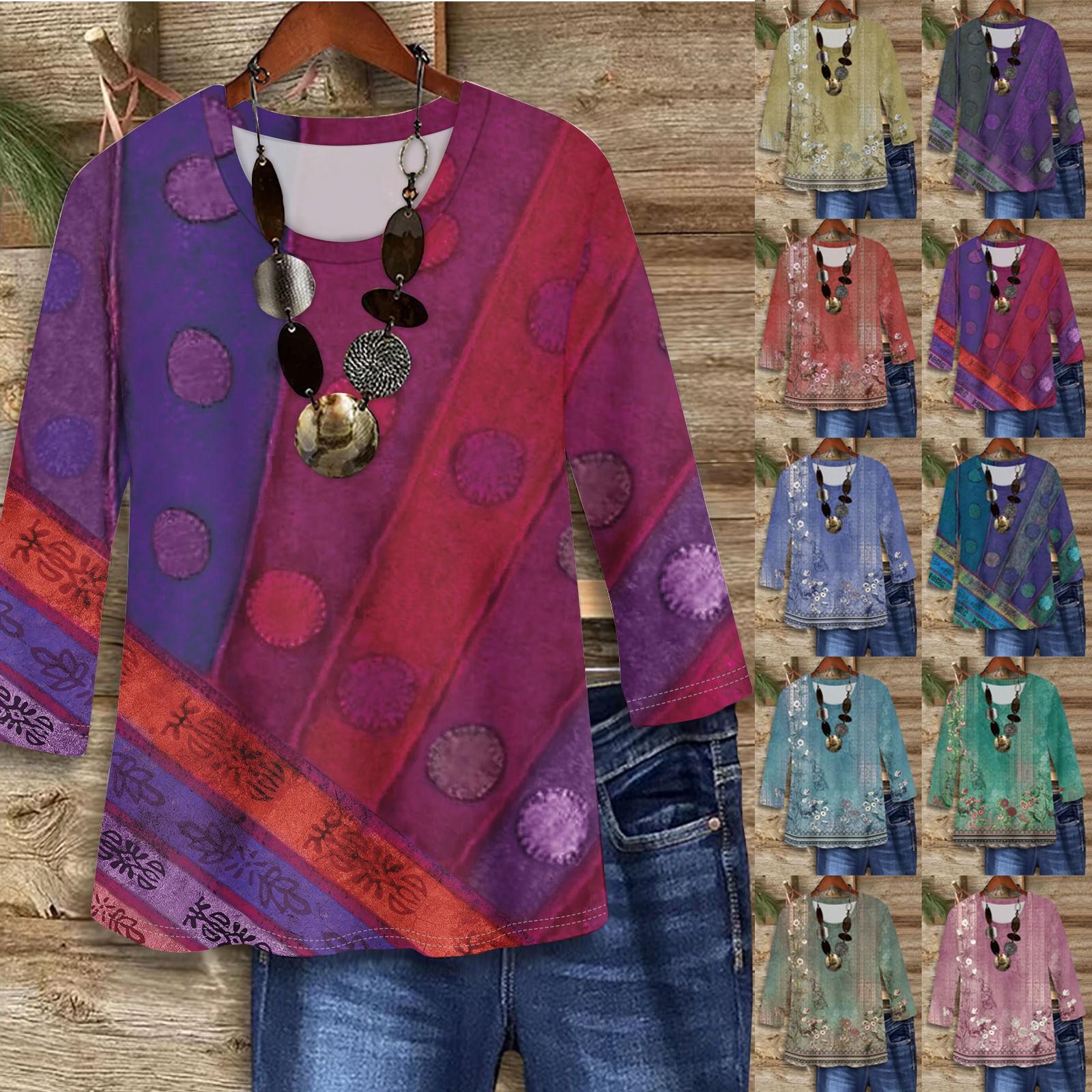 

3/4 Sleeve Shirts For Women Cute Print Graphic Tees Blouses Casual Plus Size Basic Tops Pullover XXXL винний