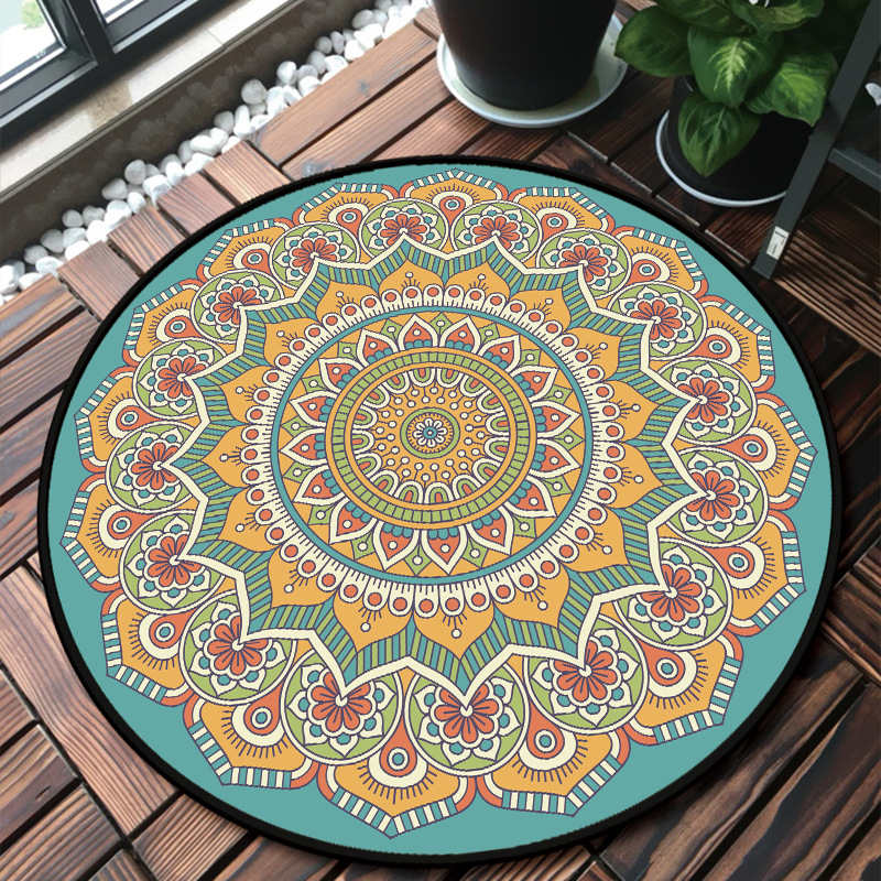 Floor Carpet Anti-Slip Door Mat Ethnic Style Round Mandala Carpet Living Room Bedroom Carpet Room Decoration Chair Mat