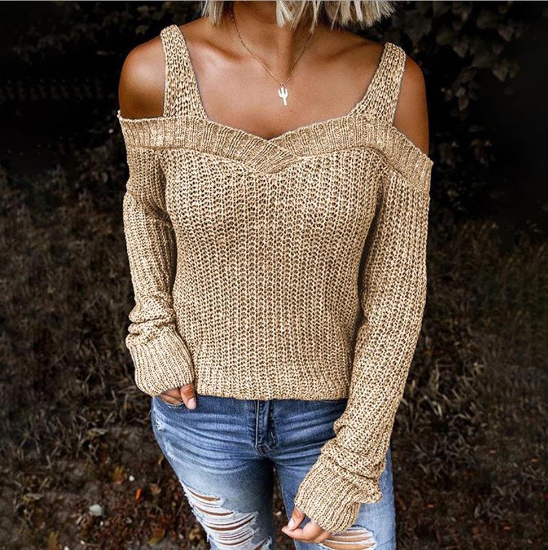 Autumn New Sexy Strap Off-Shoulder Sweater Solid Color Casual Long-Sleeved Sweater Woman Clothing