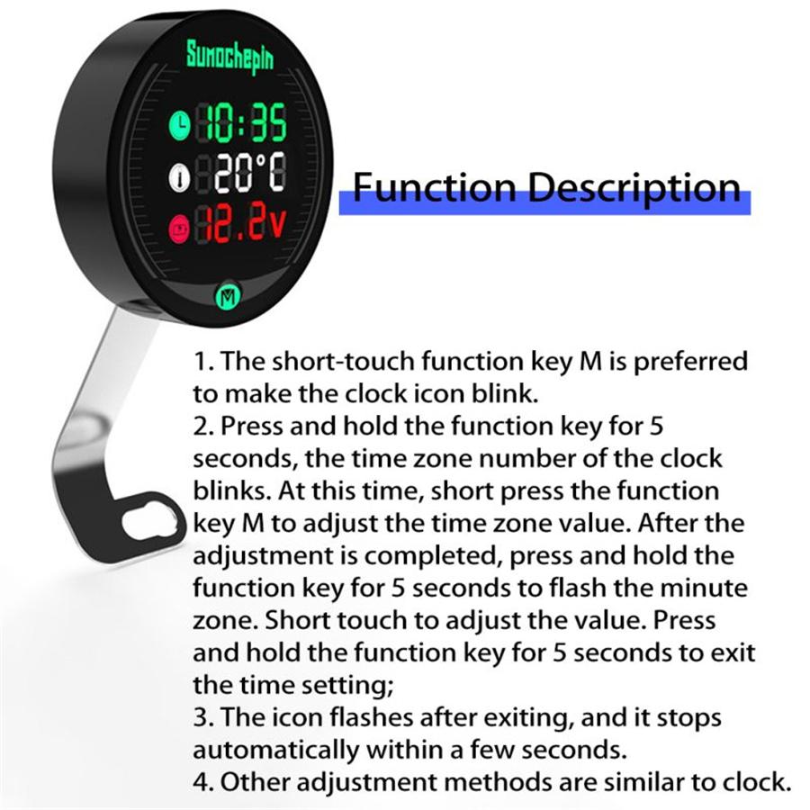 12.5 x 10.8 x 5CM 5 in 1 Motorcycle LED Voltmeter Thermometer Black Waterproof