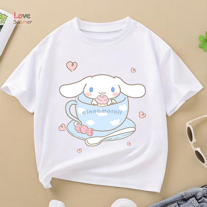 Cinnamoroll Dívka Roztomilé Ležérní Krátký Rukáv 2026 Léto Potisk Tričko Perfektní Dárek pro Děti ve Věku 4-14 Trendy pro Streetwear zpět do školy