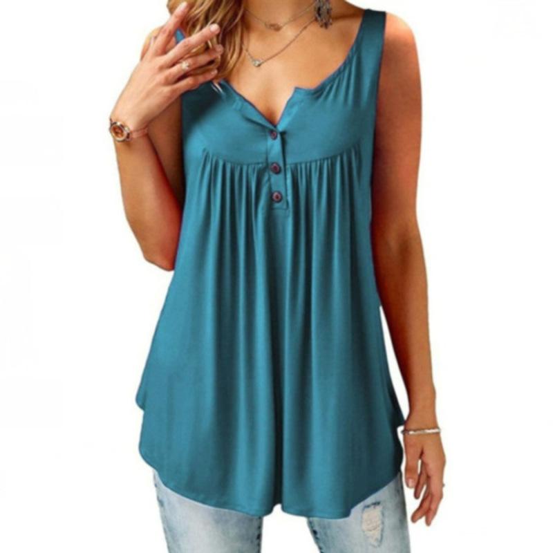 Canotta Estiva da Donna Senza Maniche Casual Tinta Unita Pieghettata Tunica Henley con Bottoni Larga e Fluida Blusa Lunga Taglie Forti