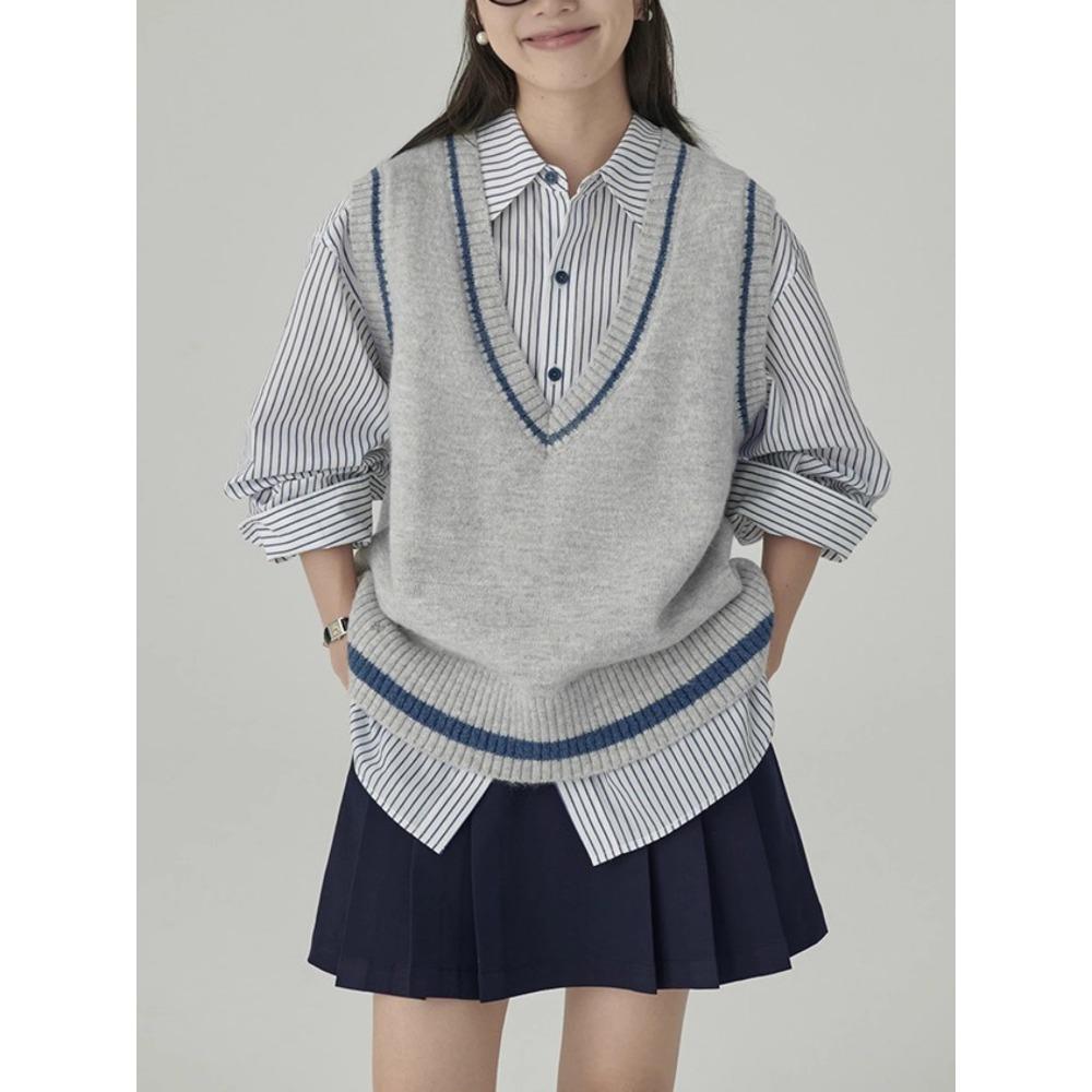 

DIMANAF 2025 Big Size Sweaters Vest Autumn Women Solid V-Neck Sweaters Knitting Loose Grey Sweater One Size серый