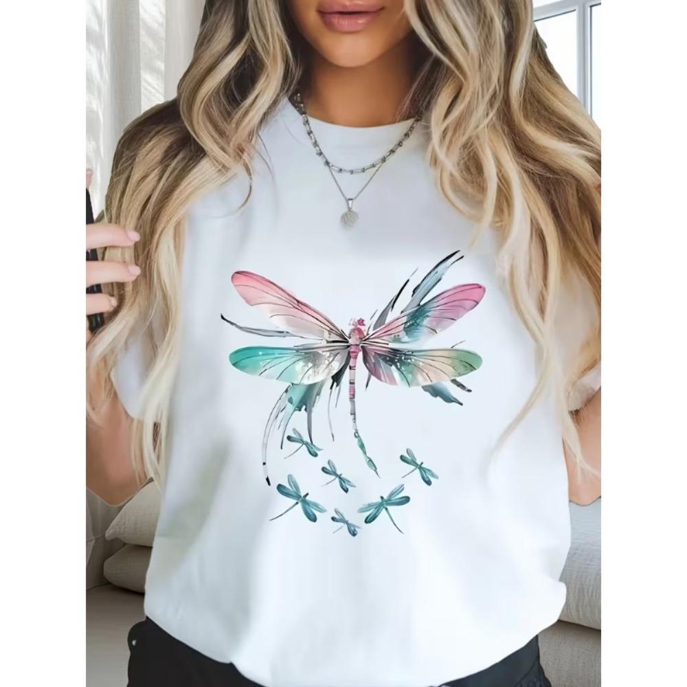Aquarell Libelle Grafik T-Shirt Damen Halsausschnitt Kurze Ärmel Weich Bequem für Naturfreunde Boho Tägliches Tragen