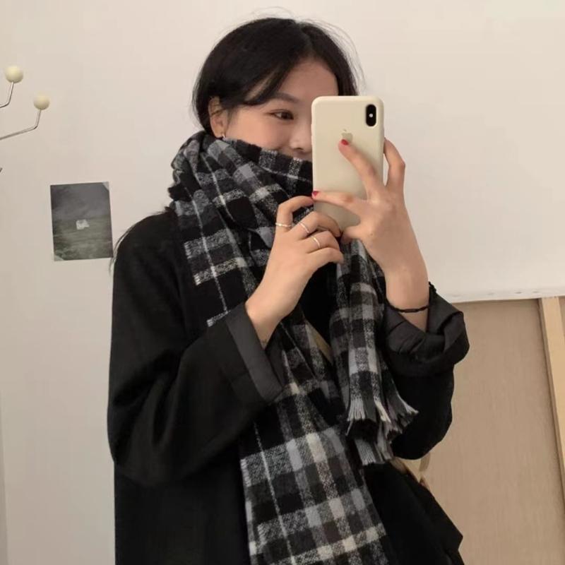 Trendy Stripete Tykt Skjerf med Frynser Tykt Kuldebeskyttende Rutete Store Skjerf Klassisk Vindtett Sjal For Kvinner Høst & Vinter