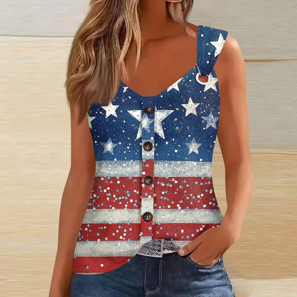 Women's Fashion Casual Loose Sleeveless Buttoned V-Neck Independence Day Printed T-Shirt Top