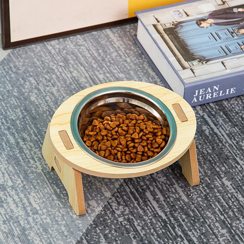 Cat And Dog Feeding Bowls Anti-Tip Bowls Stainless Steel Pet Bowls With Wooden Supports Neck Protection Design 2 In 1 Water Bowl
