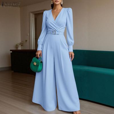 Women Casual V-Neck Long Sleeve Wide Leg Jumpsuits