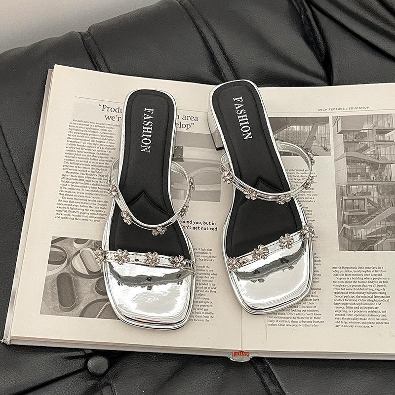 

Thick heel set toe French cool slippers fairy shoes wear new summer beautiful temperament rhinestone high heel slippers 42