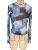 Spring Elegant Ladies Printed Round Neck Mesh Slim Long Sleeve Top Women Versatile Closet Essential Fashion Items Shirt