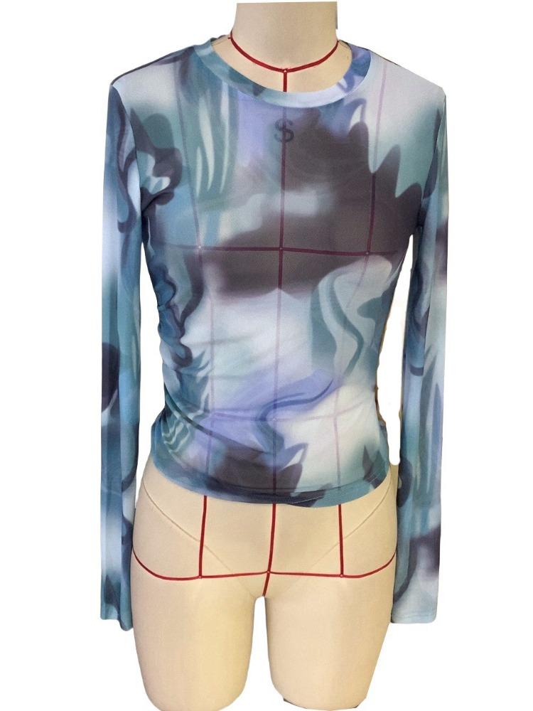 Spring Elegant Ladies Printed Round Neck Mesh Slim Long Sleeve Top Women Versatile Closet Essential Fashion Items Shirt