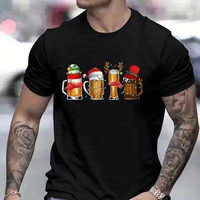 Maglietta da uomo Merry Christmas Beers Drinking Lover Tees Shirt Divertente Babbo Natale Birra Luci di Natale Grafica Magliette oversize per uomo
