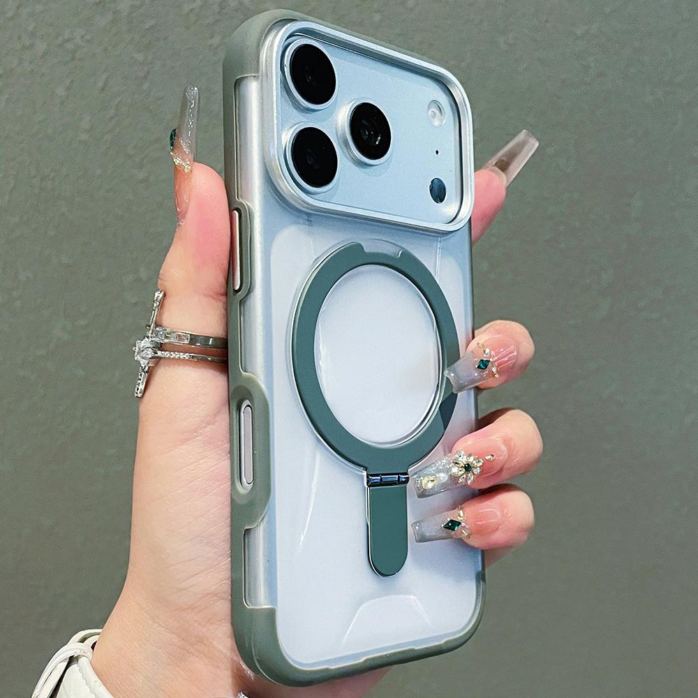 Luxury Folding Holder Magnetic Charging Phone Case for Iphone 17 16 15 Pro Max Titanium Gray Magsafe Shockproof Hard Back Cover
