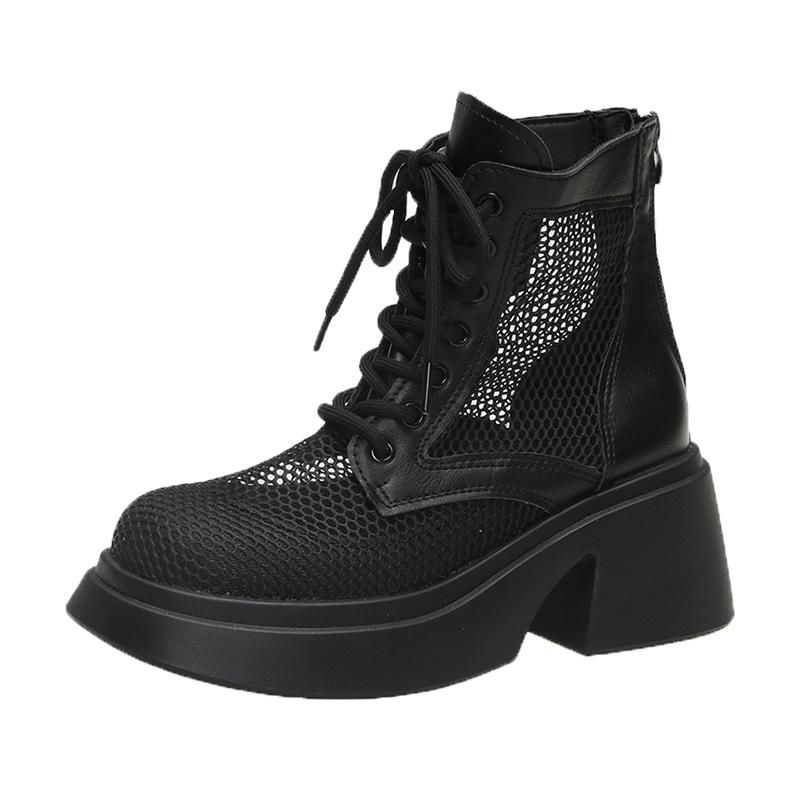 Fashion Aphixta 7cm Square Heel Breathable Mesh Ankle Boots Women Platform Lace Up Zip Close Summer Boots Platform Shoes Woman Boats