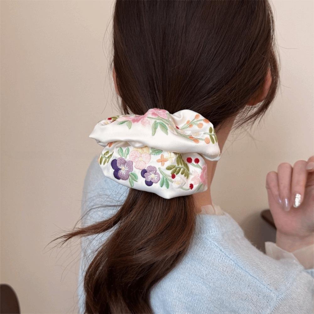 Colorful Embroidery Hair Scrunchies Satin Hair Ropes Sweet Floral Scrunchies  Daily