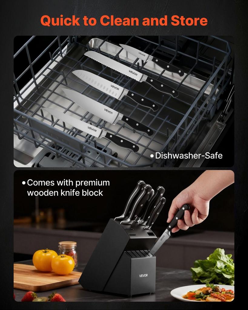 Kitchen Knife Set with Block and Sharpener, 15 Piece High Carbon Stainless Steel Sharp Knife Set, Kitchen Cutlery with Crack-Resistant Handle,
