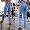 Women Button High Waist Pocket Elastic Hole Jeans Trousers Slim Denim Pants
