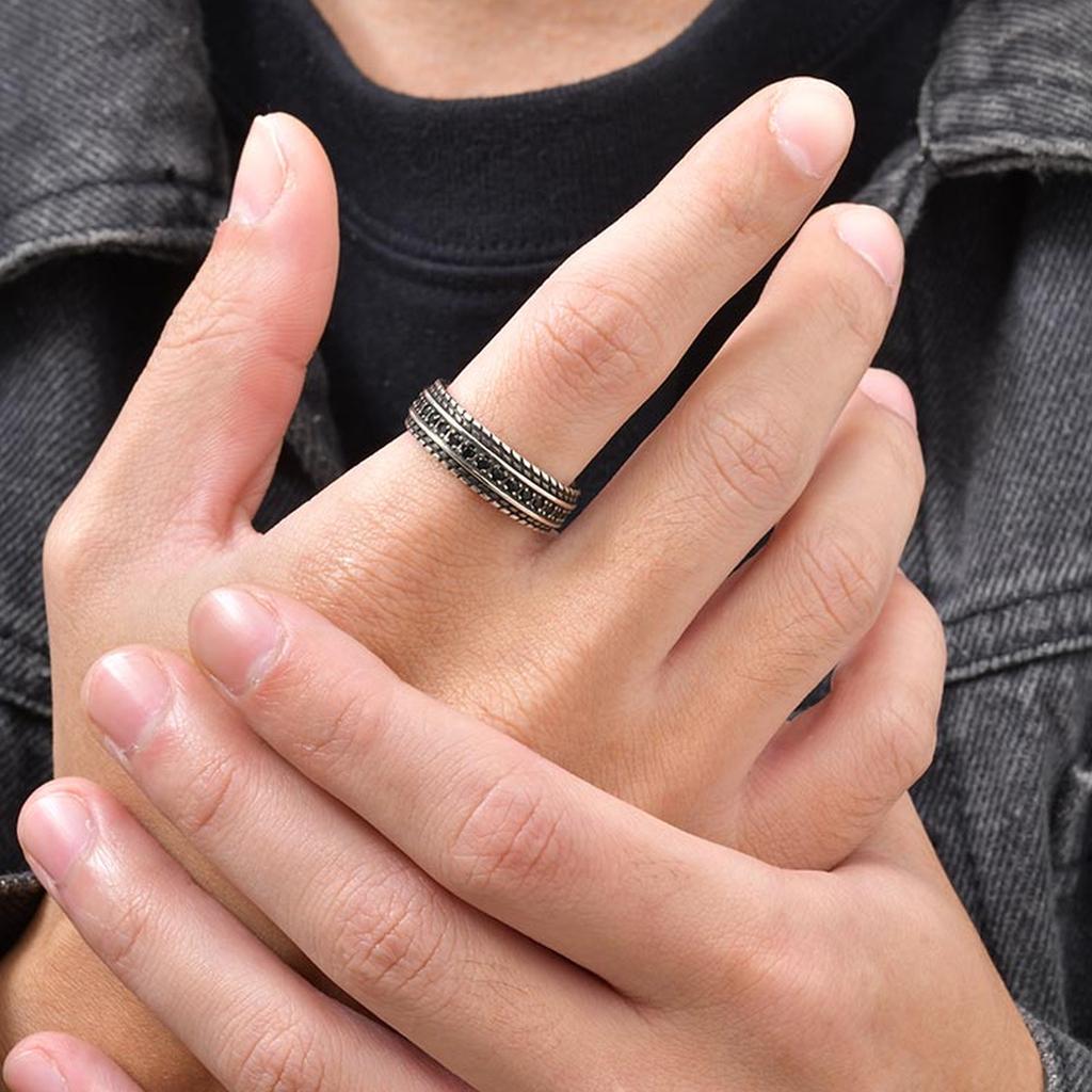 Fashion Tire Texture Black Cubic Zircon Open Ring for Men, Silver Color Metal Chunky Ring, Vintage Punk Finger Jewelry Gifts