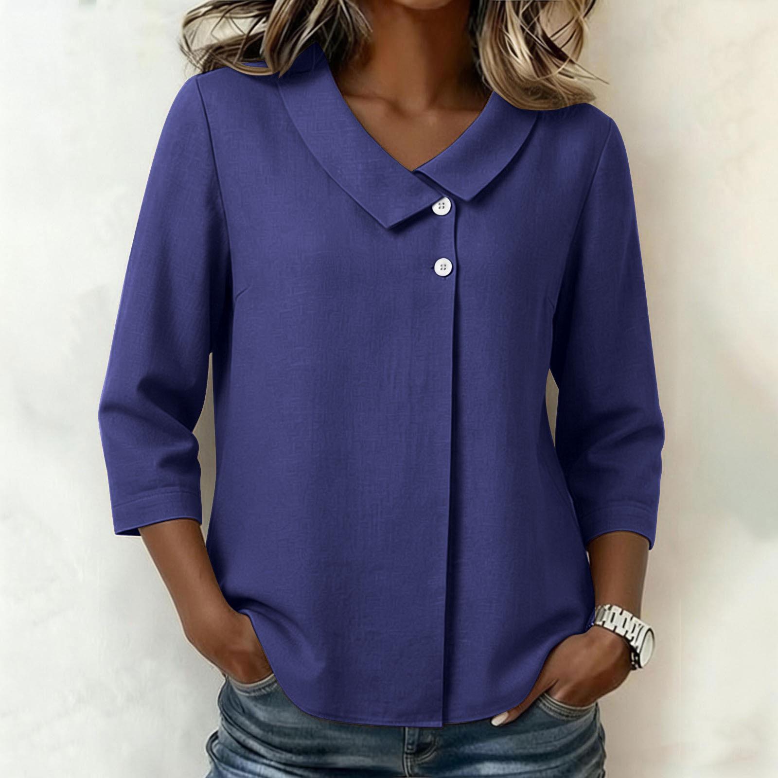 

Women 3/4 Sleeve Blouse Loose Fit Button Down Shirt Casual Plain Lapel Collar Top S