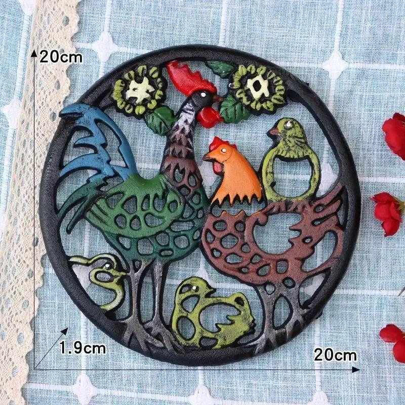 Cadre Isolant Rooster Rétro Peint en Fonte Tasses Casseroles Bols Assiettes Tapis de Repas Ronds Décoration de Cuisine Maison Ornements Artisanaux
