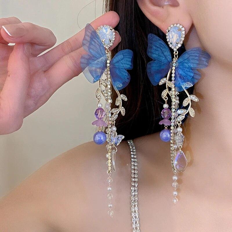 Blue Butterfly Drop Earring For Women Imitation Pearl Crystal Long Tassel Chain Rhinestone Earring Party Wedding Jewelry Gifts