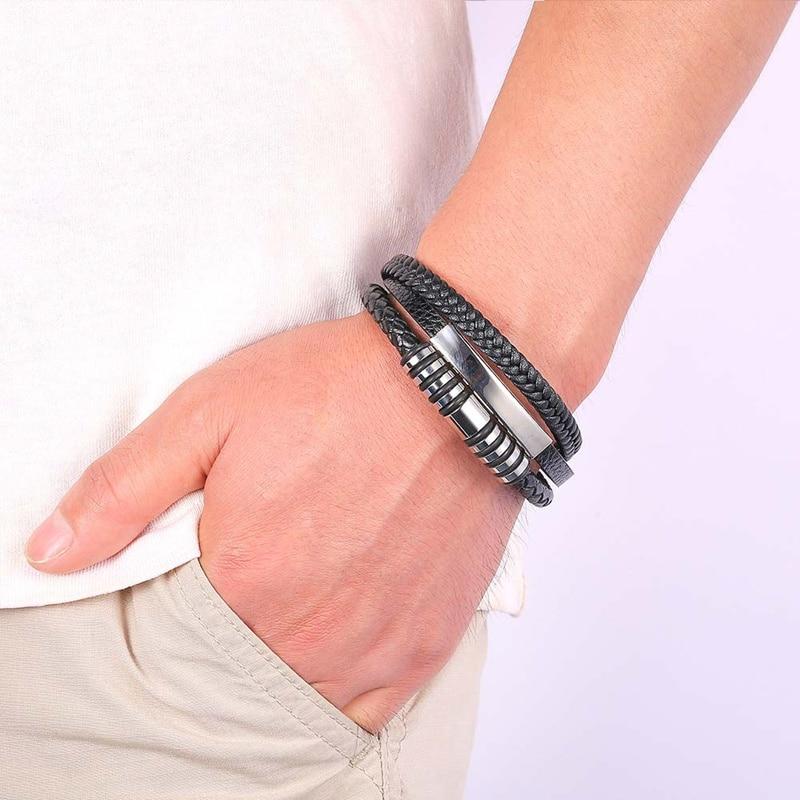 

Мужские браслеты Винтажные многослойные кожаные плетеные браслеты Браслеты ручной работы из веревки Браслеты-обручи для мужчин Подарочные украшения в стиле хип-хоп и рок 205mm чёрный