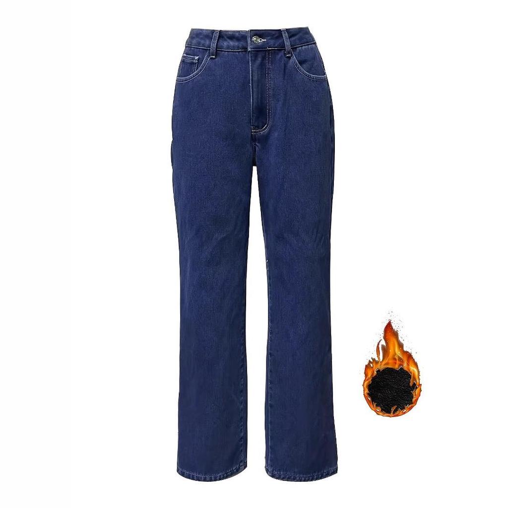 Women's Fleece-Lined Slimming Straight-Leg Denim Pants - European & American Style, Trendy INS.