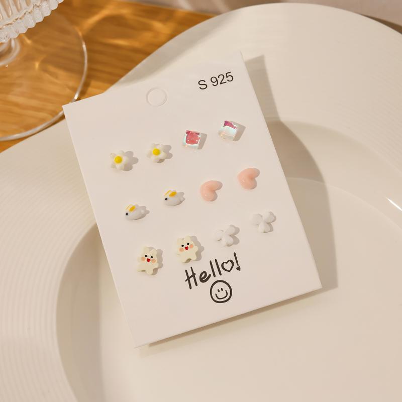 1Set Simple And Compact Silver Needle Earring Set Love Geometric Earring Combination Cute Sweet And Versatile Earrings