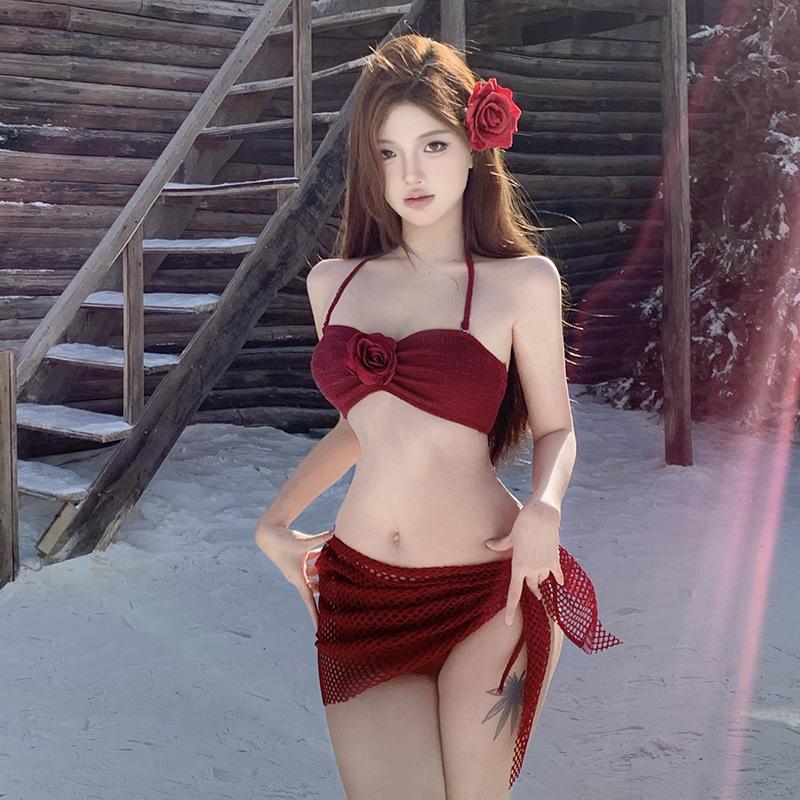 

New sexy three-dimensional flower split swimsuit women s neck mesh pure desire bikini S бордовый