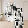 Women Plus Size Round Neck Long Sleeve Printed Navy Blue White High Low Top Wide Leg Pants Two Piece Set