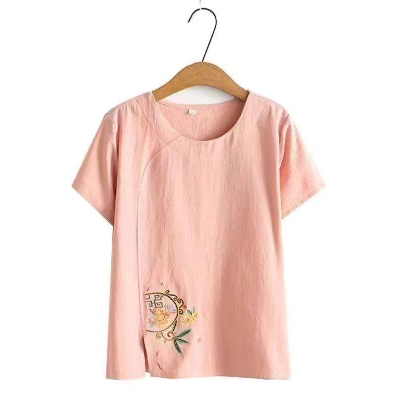 

Stylish Cotton & Linen T-Shirt Set for Women: Summer Round Neck Short Sleeve Top for Middle-Aged and Elderly XL for 85-100 lbs