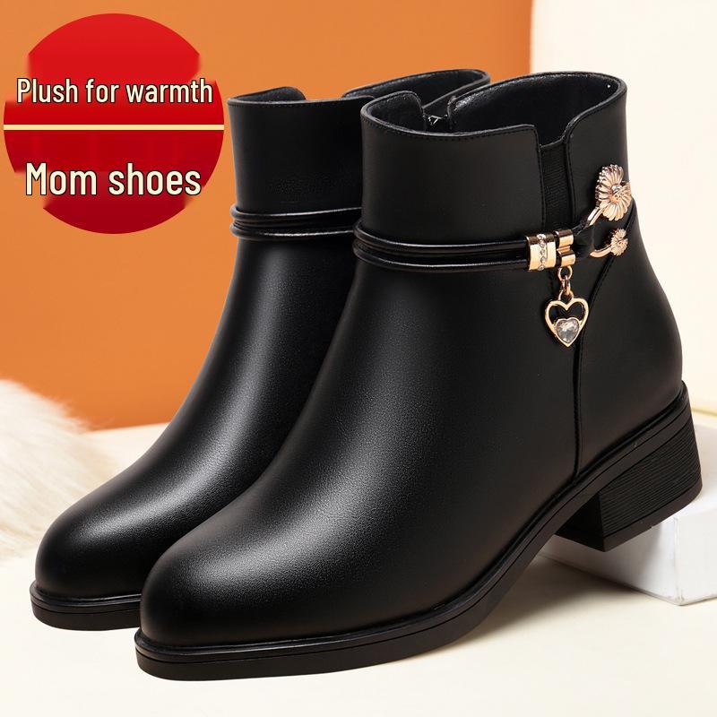 Women's Mid-Aged & Elderly Low Heel Soft Sole Cotton Shoes with Plus Velvet Warm Lining