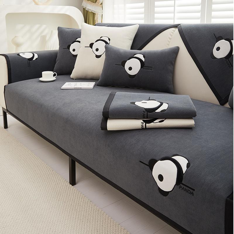 Panda Embroidery Sofa Cover for Living Room Sofa Towel Mat Non-slip Couch Cover Black Edge Sofa Towel Seat Pad Home Protection