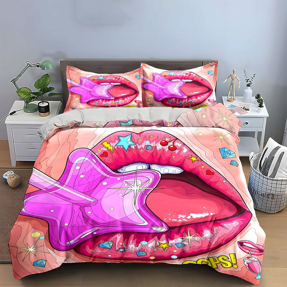 Pink Lips with Star Lollipop Bedding Duvet Cover Set (1*Duvet Cover 2*Pillowcases, without duvet insert)