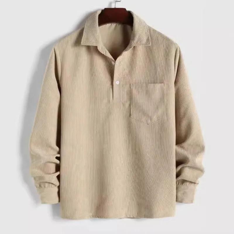 

Men s Corduroy Long Sleeve Casual Shirt Half Button Collared Outfits Plain Top with Pocket Fall Winter Pullover Shirts 2XL абрикосовий