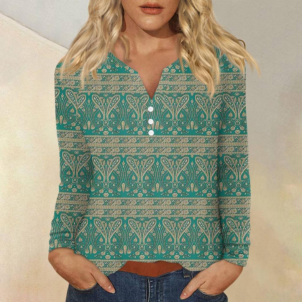 Women's Fashion Casual Printed V-neck Long Sleeve Button Up T-shirt Top