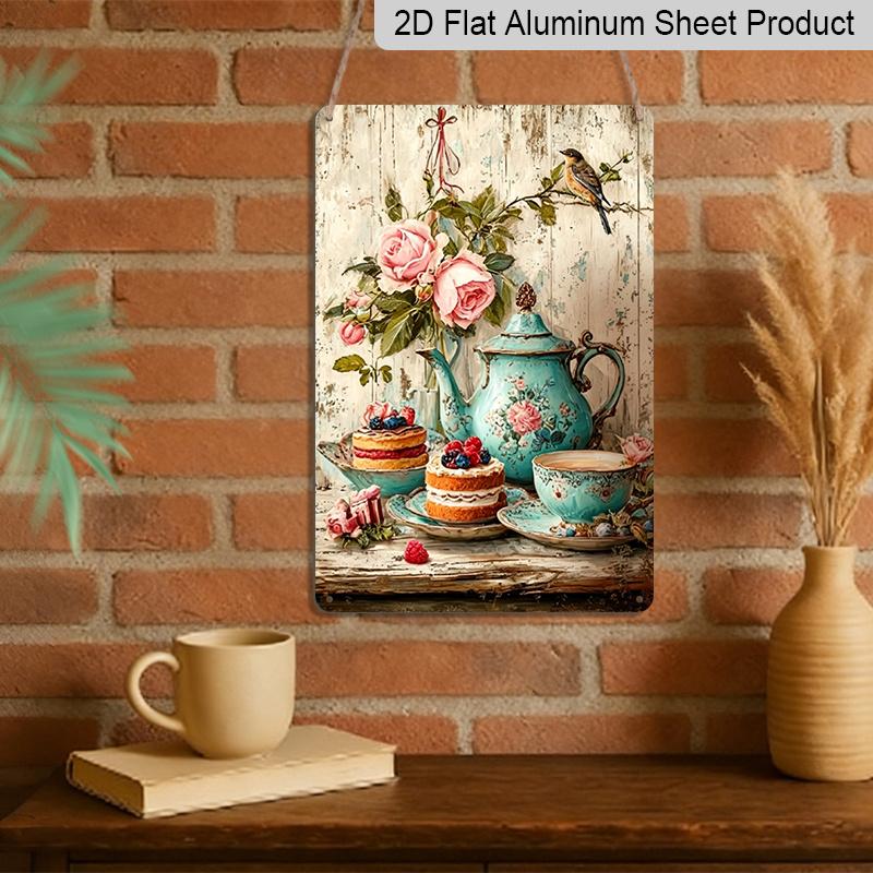 2D Flat, 1pc Vintage Tea Party Metal Sign - 8x12 Inch Rustic Aluminum Decor with Blue Teapot, Cakes Floral Design, Perfect for Living Room, Dining