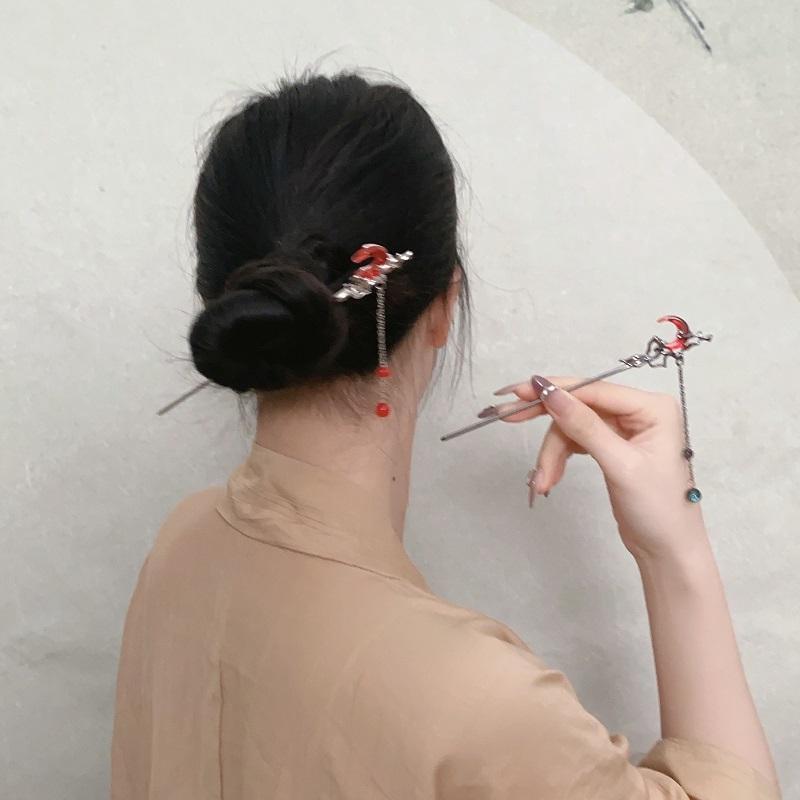 Vintage Roter Kristall Mond Quaste Haarstäbe Für Frauen Mode Metalllegierung Hanfu Essstäbchen Dutt Styling Haarnadel Haaraccessoires