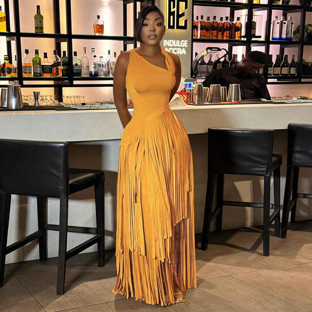 Women's Elegant Tassel Party Dress Solid Color Bodycon Midi Dress Fringe Cocktail Evening Gown