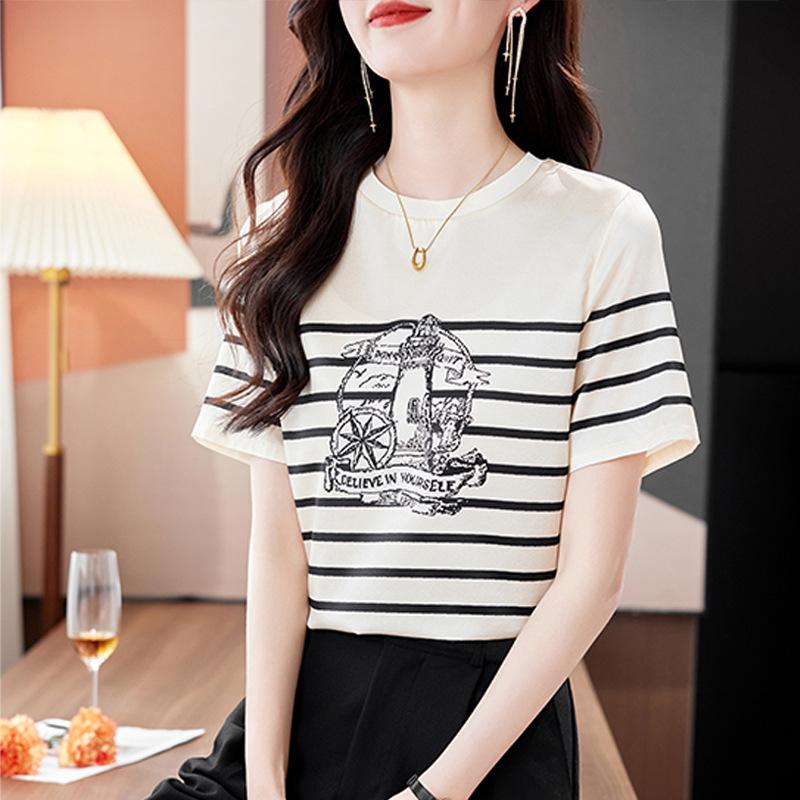Fashion Printed Silk Short-sleeved T-shirt Top Women's Summer New Mulberry Silk Short Striped Shirt