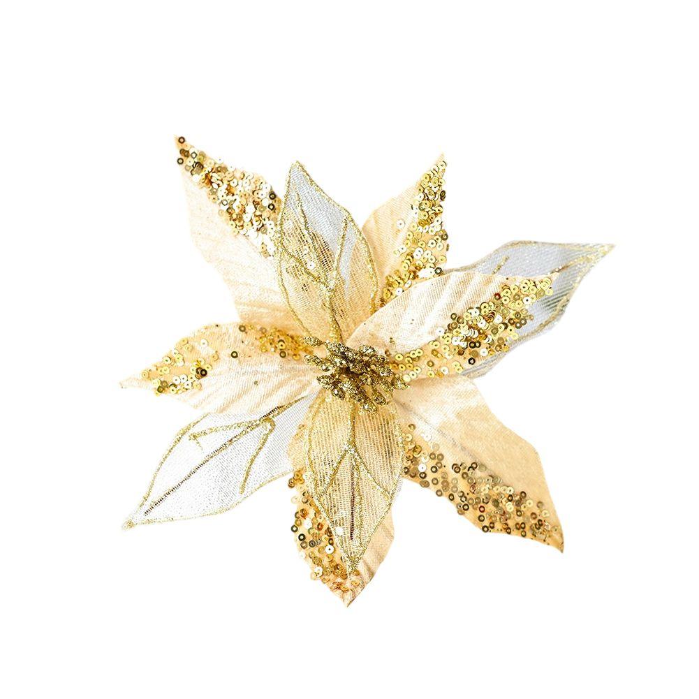 Artificial Holiday Flowers Glitter Poinsettia Flowers Shimmering Stamen Textured Look With Pearls Glitter Flower
